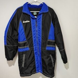 Vintage Diadora Long Rain Coat Mens Small Black Blue Hooded Insulated 90s